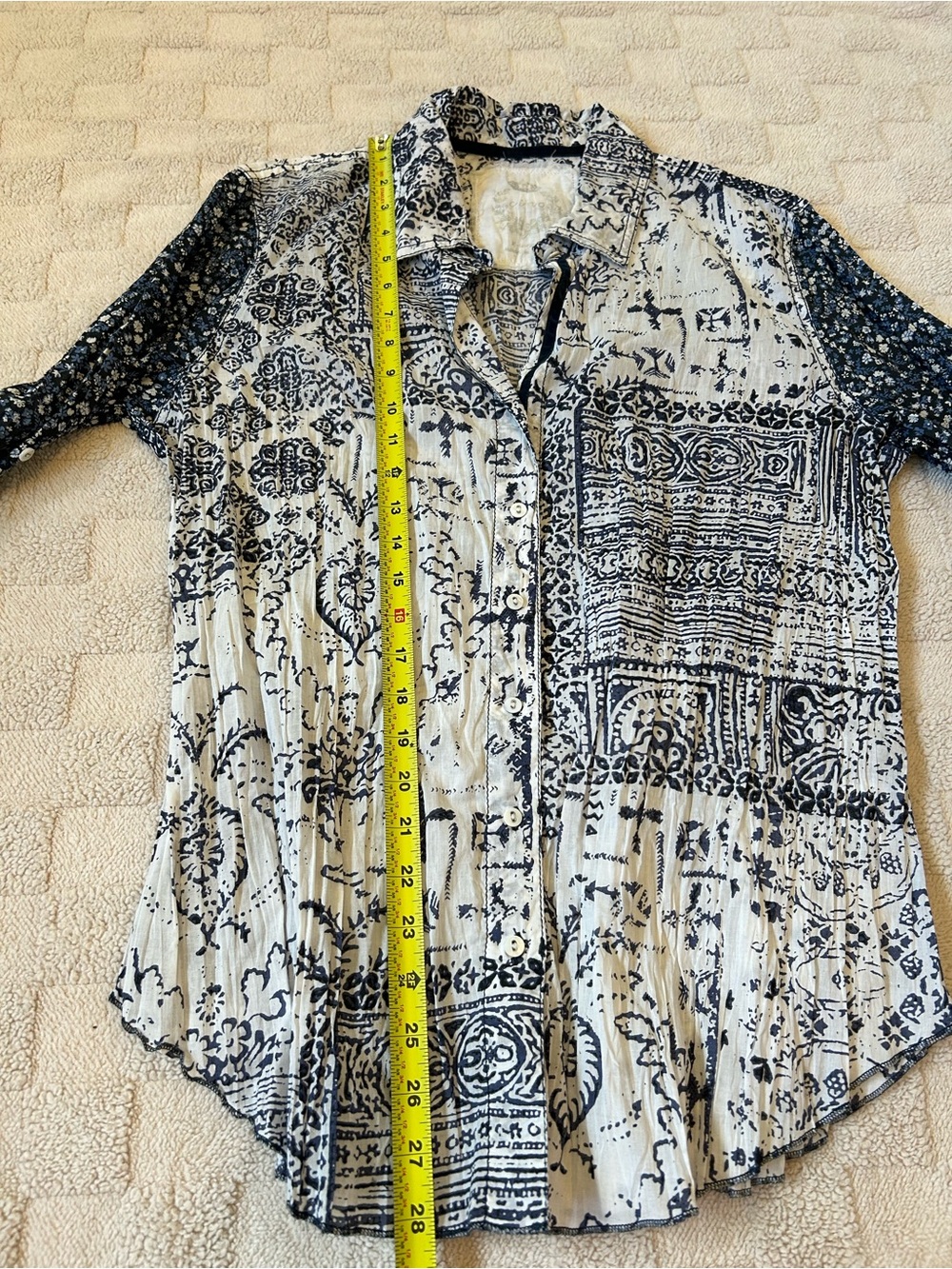 Cino Indigo Patchwork Cotton Print Bohemian Button Down Sz XL Boyfriend Shirt - Picture 7 of 8